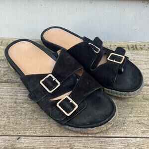 Vionic Black Suede Leather Glow Gia Slide Espadrille Sandal jute trim Size 7